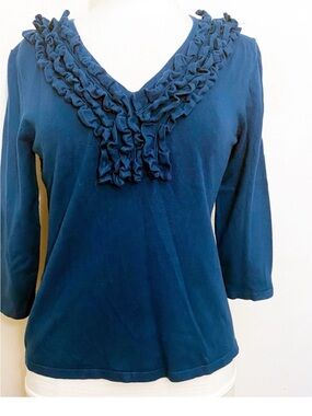 Pretty! Cable & Gauge Navy Blue Ruffle V-Neck Sweater